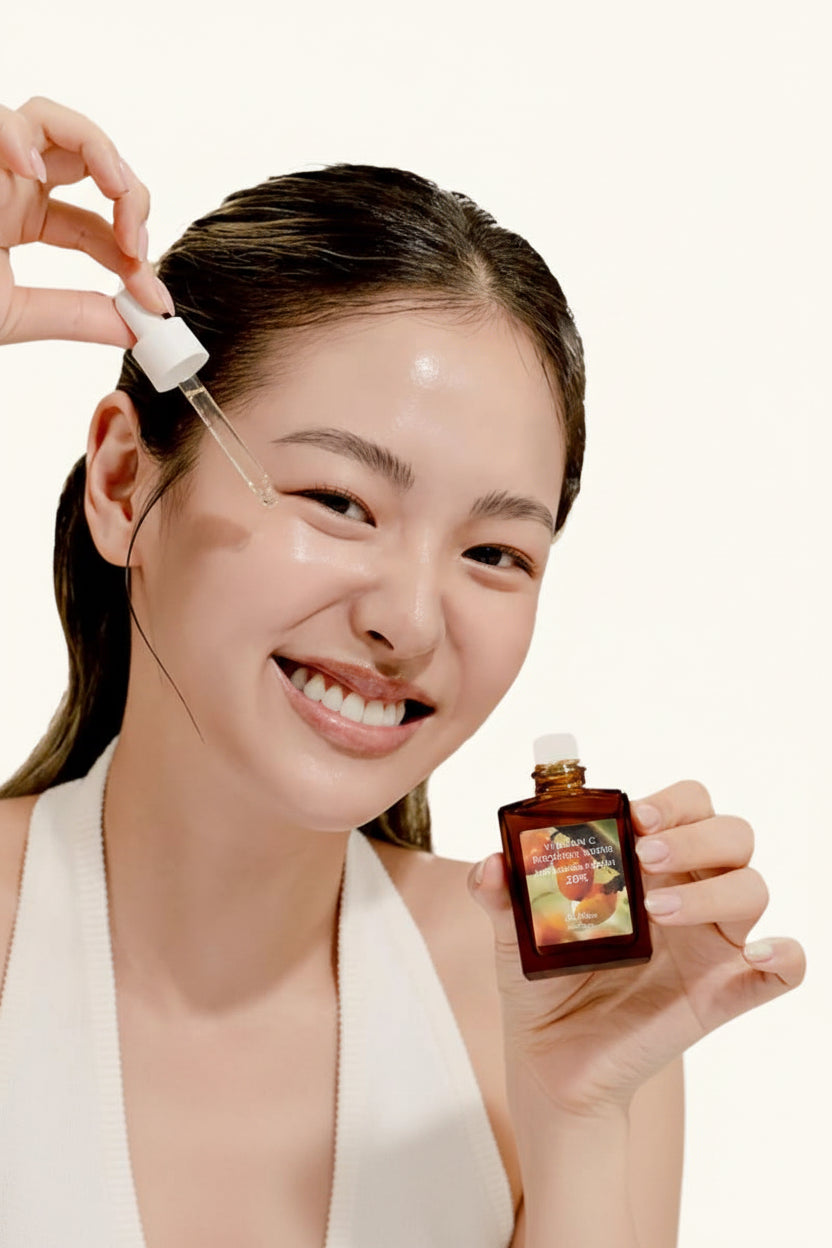 Woman applying a  VITAMIN C skincare product to her face with a dropper bottle.