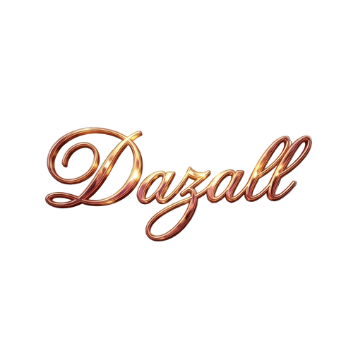 Shiny, metallic 'Dazall' logo on a transparent background