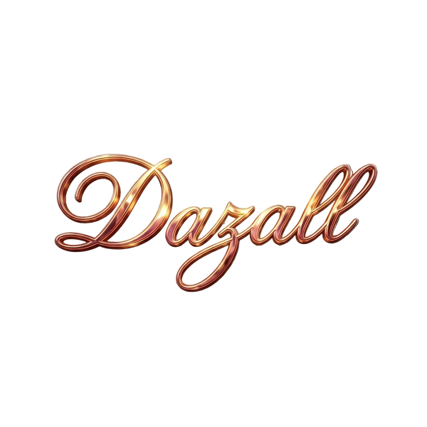 Shiny, metallic 'Dazall' logo on a transparent background